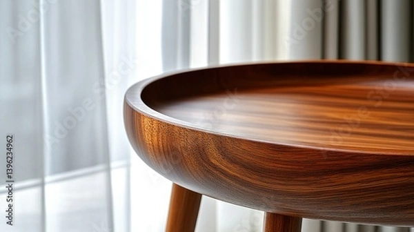 Fototapeta Close-up of a wooden side table with a unique, shallow, bowl-shaped top.  The table's rich, warm hue and smooth finish are highlighted by natural light streaming through sheer curtains