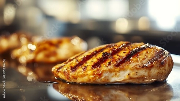 Fototapeta Close-up of grilled chicken breast fillets coated in a shiny glaze, served on a stainless steel surface with a blurred kitchen background