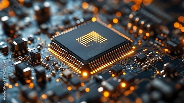 Fototapeta Close-up view of a customized microprocessor with illuminated edges, surrounded by intricate circuitry and glowing elements, showcasing technology and innovation