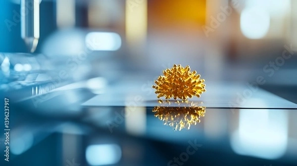 Fototapeta A close-up view of a delicate golden structure placed on a reflective surface, illuminated by soft blue and warm ambient lighting, showcasing intricate details