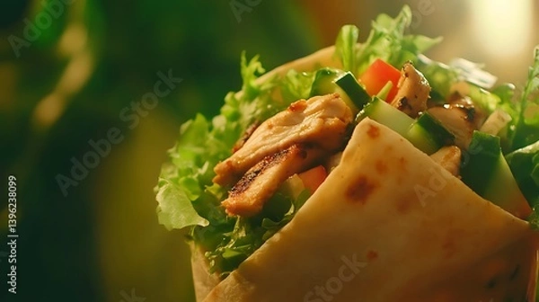 Fototapeta Close-up of a delicious wrap filled with grilled chicken, fresh greens, and colorful vegetables, highlighting vibrant textures and flavors