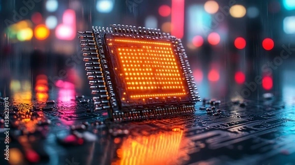 Fototapeta Close-up view of a glowing microchip on a dark, reflective surface with raindrops and blurred colorful lights in the background creating a vibrant, tech-inspired atmosphere