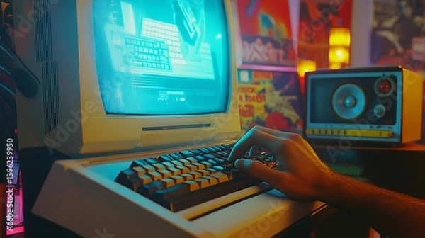 Fototapeta A close-up of a hand typing on an old-fashioned computer keyboard, with a glowing retro screen displaying text, set in a nostalgic room filled with colorful posters and vintage electronics