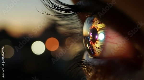 Fototapeta Close-up view of a human eye reflecting colorful lights against a blurred urban background during twilight, showcasing details of the iris and eyelashes with vibrant hues