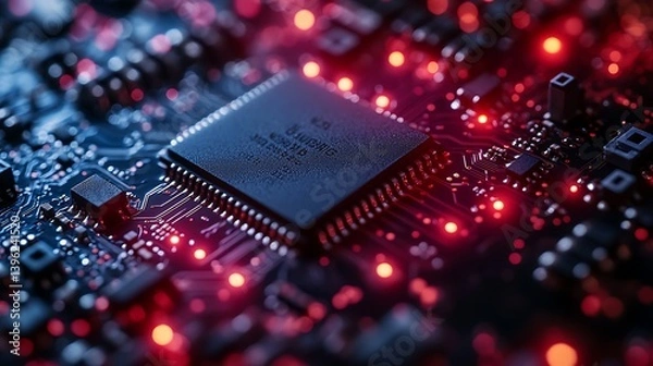 Fototapeta Close-up view of a microchip surrounded by glowing red lights, showcasing intricate circuit designs and technological components, reflecting innovation and modern computing