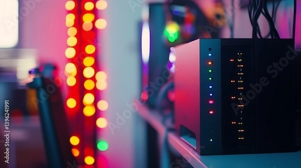 Fototapeta A close-up view of a modern network device illuminated by colorful LED lights against a blurred background of festive lights, evoking a tech-savvy atmosphere