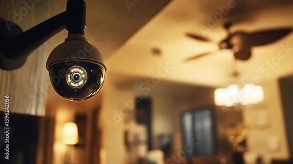 Fototapeta Close-up view of a security camera mounted on a wall, capturing a cozy indoor space with warm lighting and soft furnishings
