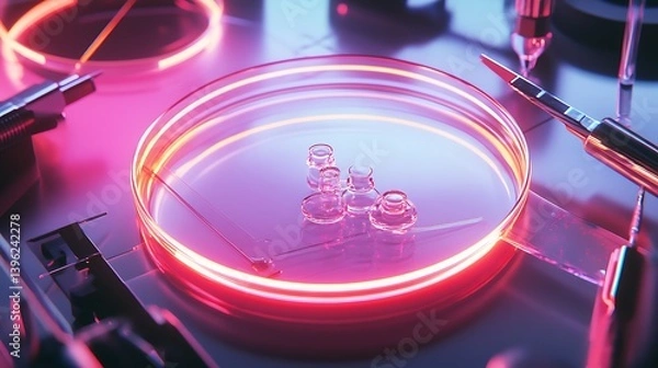 Fototapeta Close-up view of a petri dish illuminated with vibrant pink and purple lights, showcasing intricate scientific tools and a microscopic specimen, highlighting a modern laboratory atmosphere