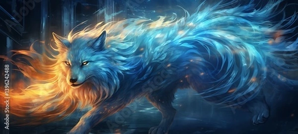 Obraz the nine-tailed fox knight wagged his tail shaped wallpaper design, ai generative