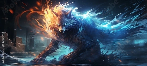 Obraz the nine-tailed fox knight wagged his tail shaped wallpaper design, ai generative