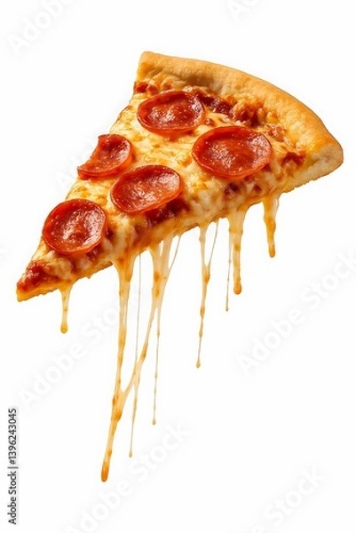 Fototapeta The image shows a slice of pepperoni pizza with melted cheese stretching as it's pulled, highlighting the golden crust and delicious, gooey cheese with pepperoni slices