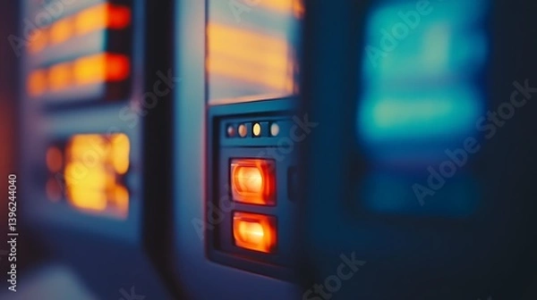 Fototapeta Close-up view of illuminated control buttons on a futuristic device with vibrant orange and blue light, creating a high-tech atmosphere