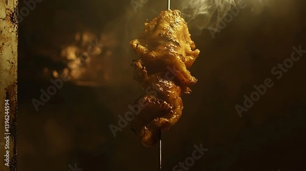 Fototapeta A close-up view of marinated meat skewered and ready for grilling in a smoky, dimly lit environment, showcasing the savory texture and color of the dish