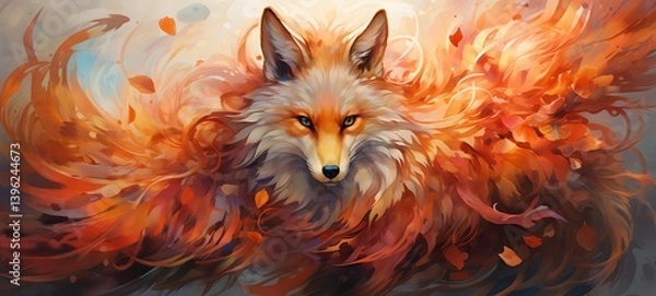 Fototapeta the nine-tailed fox knight wagged his tail shaped wallpaper design, ai generative