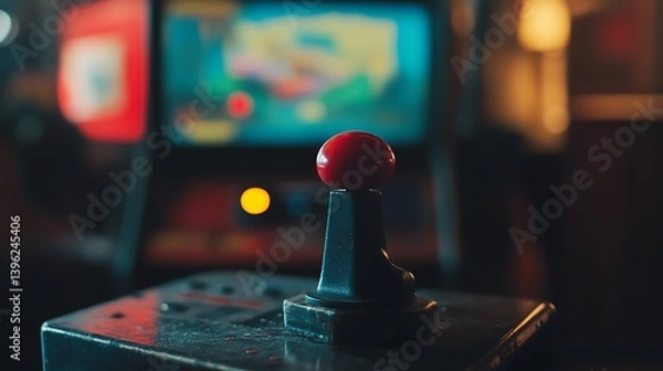 Fototapeta Close-up view of a vintage arcade joystick with a red button, in a dimly lit arcade room with neon lights in the background highlighting retro gaming machines