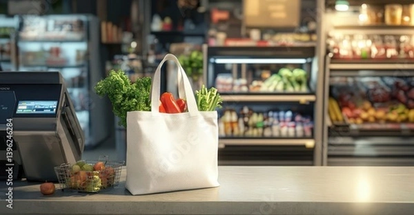 Fototapeta A white cotton canvas tote bag filled with fresh vegetables sits on a supermarket counter near a digital self-checkout kiosk, capturing a vibrant shopping scene.