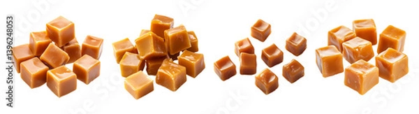 Fototapeta Assorted Caramel Candy Cubes on a White Background for Sweets Recipes, PNG bundle collection, Isolated on Transparent Background