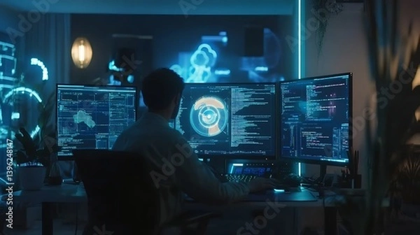 Fototapeta A person analyzing data on multiple screens in a dimly lit room with blue neon lighting and glowing graphics, surrounded by plants