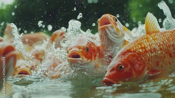Obraz Red tilapia crowding near the pond surface during feeding, water splashes and bubbles, vibrant motion-focused shot