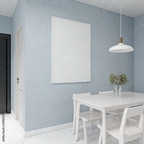 Fototapeta Dining room with a blank vertical frame on a blue wall and interior decoration. 3D rendering, interior design, 3D illustration