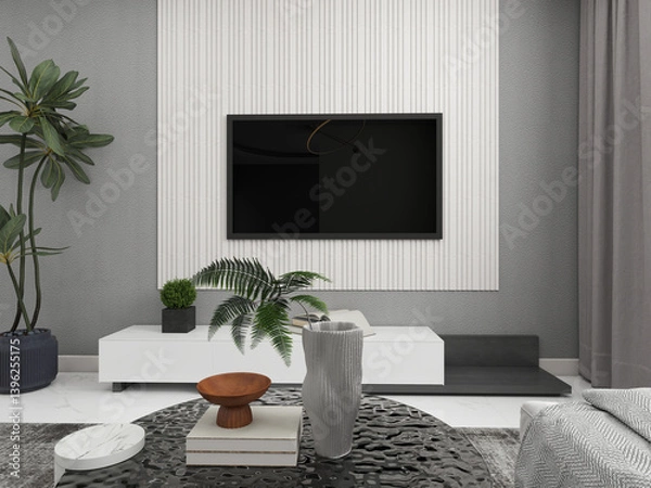 Fototapeta Modern living room with TV and ornamental plants. 3D rendering, interior design, 3D illustration