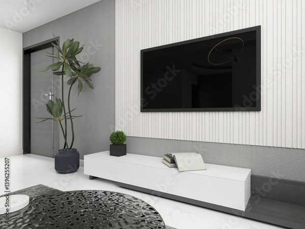 Fototapeta Modern living room with TV and plants. 3D rendering, interior design, 3D illustration.