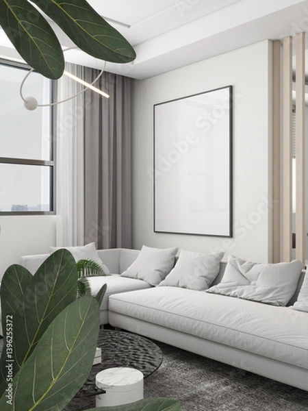 Fototapeta Contemporary living room with a vertical frame on a white wall and decor. 3D rendering, interior design, 3D illustration