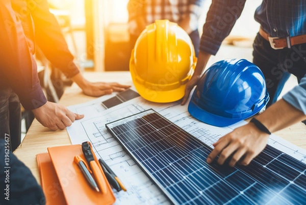 Obraz Engineers Collaborating on Solar Panel Design with Hardhats in Construction Environment