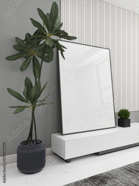 Fototapeta Contemporary living room with a vertical frame above a TV stand and decor. 3D rendering, interior design, 3D illustration