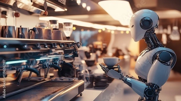 Fototapeta A humanoid robot expertly preparing coffee at a sleek cafe with soft lighting, showcasing advanced technology in a modern setting