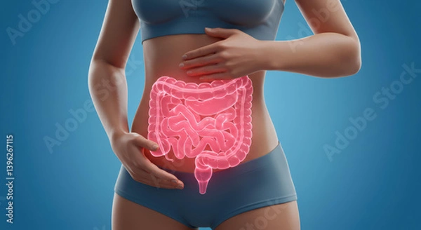 Fototapeta A visual representation shows a woman's torso with a highlighted digestive system. The illustration emphasizes health awareness and the importance of digestion in overall wellness