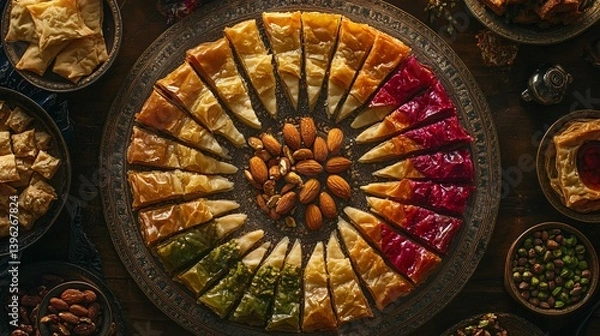 Fototapeta Exquisite baklava slices arranged with almonds on a decorative tray, ready to be served.