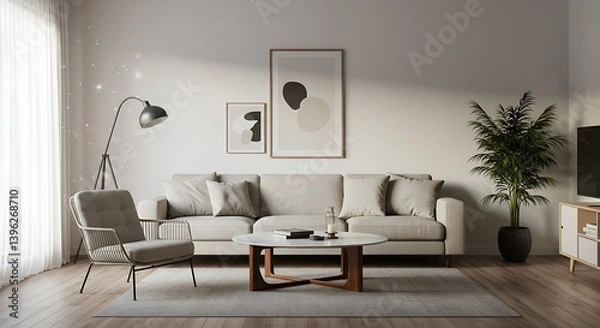 Obraz Modern living room with neutral tones - creating a comfortable space - interior design magazines and websites.
