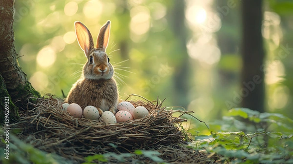 Fototapeta A brown rabbit sits protectively in a nest of eggs nestled at the base of a tree in a sun-dappled forest.