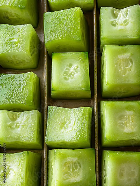 Fototapeta Close-up of perfectly cubed cucumbers arranged in a grid revealing their vibrant green color and seeded interiors.