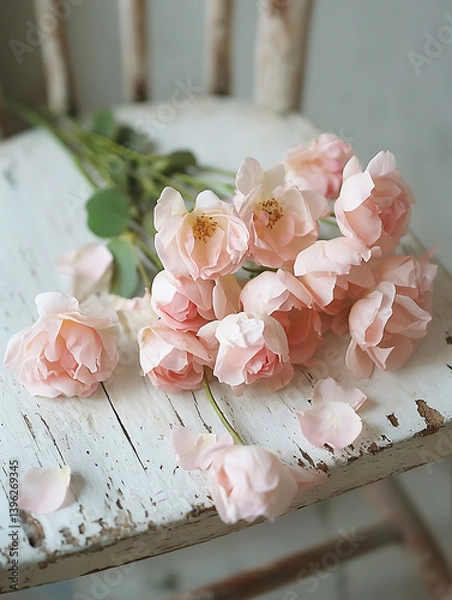 Fototapeta Pale pink roses rest on a weathered white wooden chair creating a soft and delicate still life.