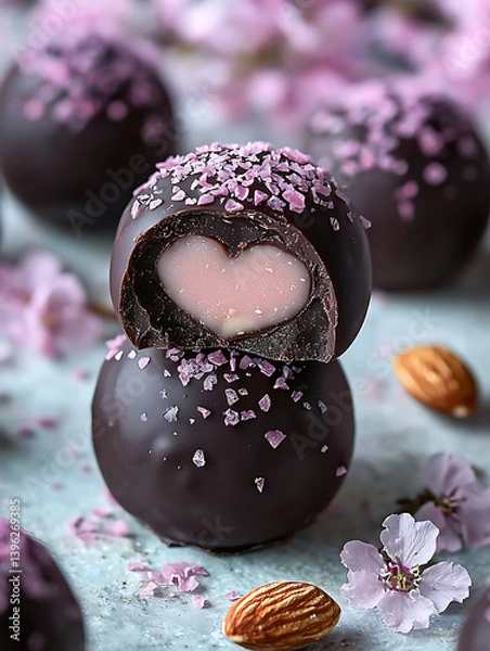 Fototapeta Chocolate-covered truffles with pink filling sprinkled with purple one cut open to reveal a heart shape.
