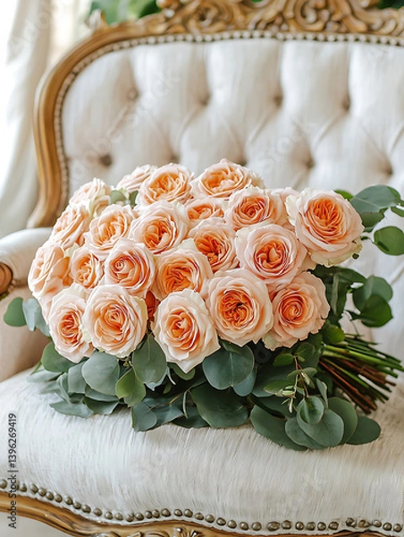 Fototapeta A stunning peach rose bouquet rests on a vintage ornate white chair illuminated by soft natural light.