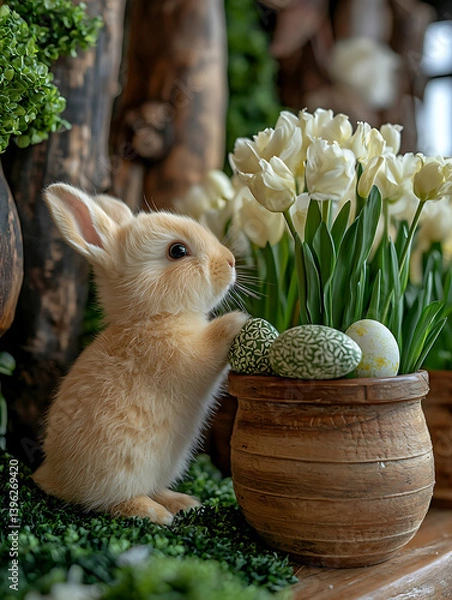 Fototapeta A cute bunny peers into a pot filled with speckled eggs and white tulips surrounded by greenery.