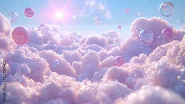 Fototapeta Pink fluffy clouds with floating candies and bubbles under a bright sunlit sky create a whimsical dreamy scene.