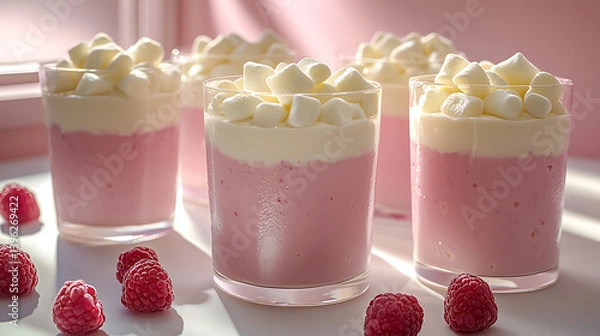 Fototapeta Pink layered dessert cups topped with cream and marshmallows scattered with fresh raspberries.