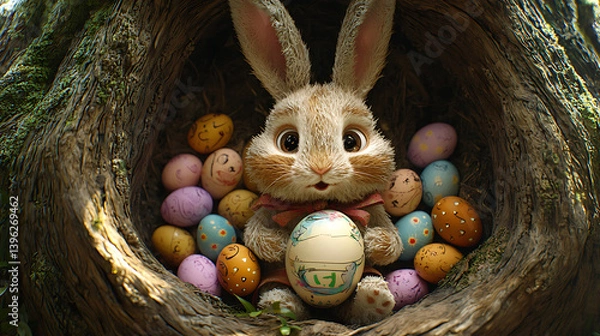 Fototapeta A fluffy bunny sits nestled in a tree surrounded by colorful Easter eggs holding one delicately.