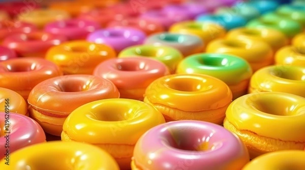 Fototapeta Colorful Row of Glazed Spring Donuts in Pink, Orange, Yellow, Green, Blue and Purple Fading to Blurred Bokeh Background