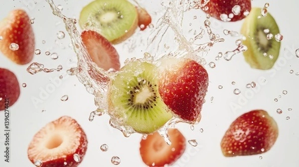 Fototapeta A splash of Bijin-Hime strawberries and kiwi slices flying through the air, droplets of juice and water on a clean white background