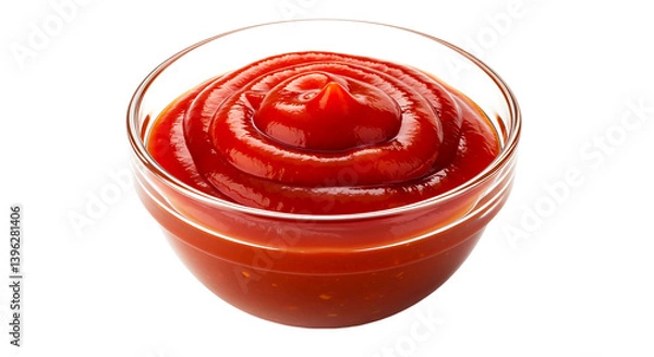 Fototapeta A clear glass bowl filled with a generous serving of bright red ketchup on a black background space