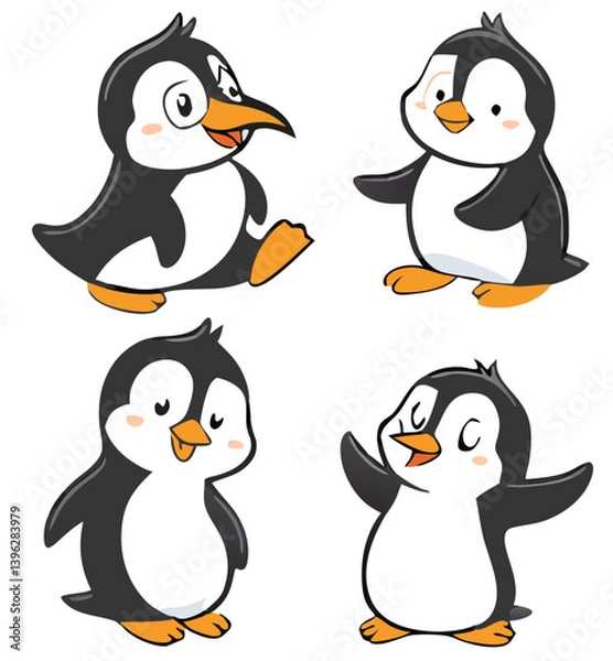 Obraz Cute and Silhouette Penguin Vector Set – Cartoon Baby Penguins in Various Poses and Black and White Icons for Kids, Winter, and Wildlife Design.