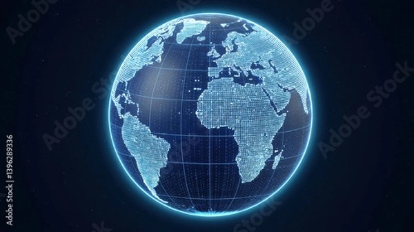 Fototapeta digital wireframe of Earth in glowing blue, showcasing continents and grid lines, evokes sense of global connectivity and technology