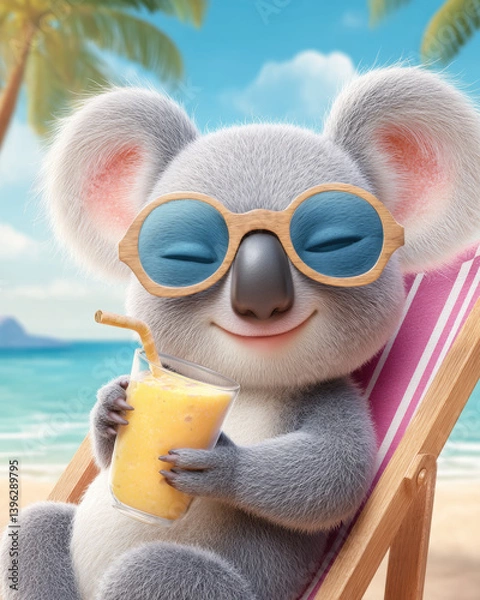Fototapeta relaxed koala wearing shades enjoys smoothie on beach, radiating joy and tranquility in sunny tropical setting