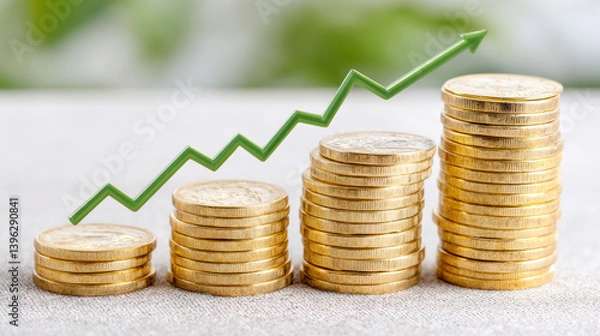 Fototapeta Financial success concept with stacked coins and rising graph, symbolizing growth and prosperity in investments