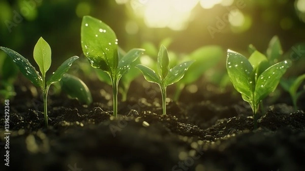 Fototapeta A cluster of vibrant green seedlings emerges from the rich, dark earth, illuminated by sunlight.